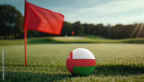 Golf ball with Oman flag on green lawn or field, most popular sport in the world photo