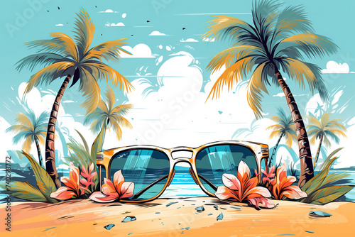 Sunglasses on the sand with flowers against a background of blue water and palm leaves. Resort vacation concept. Generated by artificial intelligence