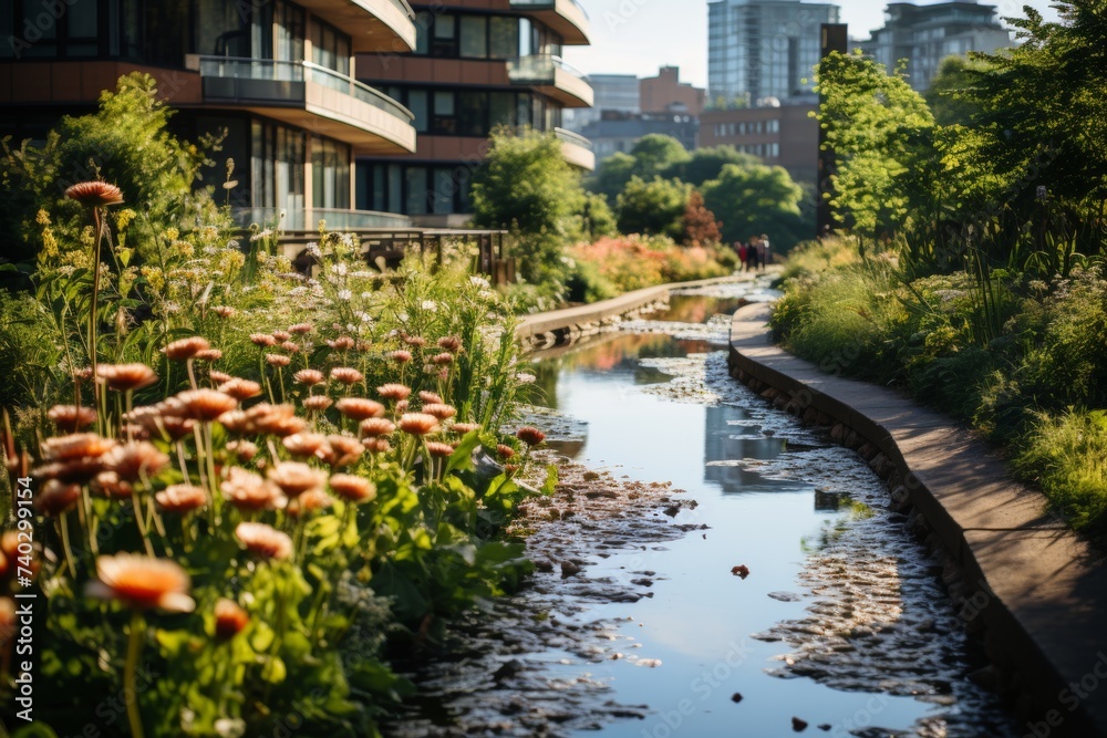 Flower beds bursting with vibrant colors line the sidewalk in a tranquil residential neighborhood.