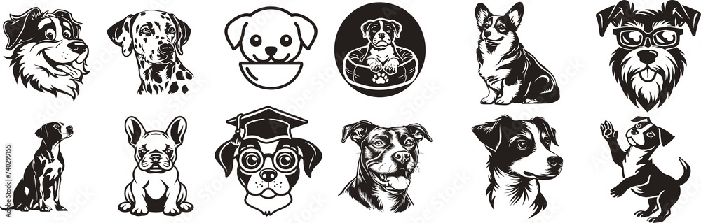 dogs collection black and white, transparent background