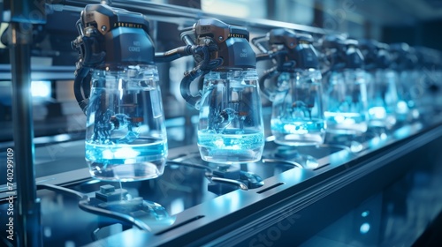 A Line of Water Glasses on a Conveyor Belt