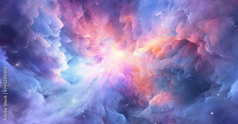 Stunning illustration of outer space galaxy with colourful vibrant dust clouds and nebulas