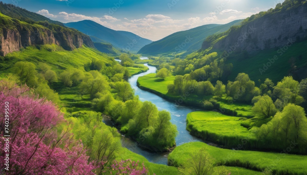 Serene Springtime Scene: Lush River Valley Brimming with New Life, trees, tranquility, blooming, sunshine, air, earthy, horizon