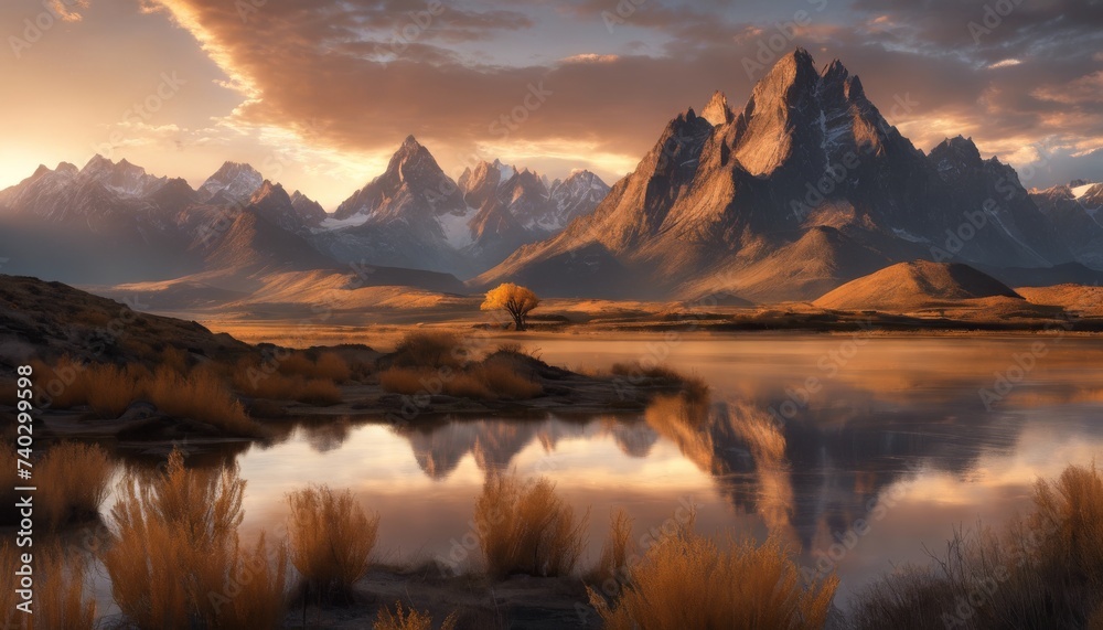 Majestic Mountains Awash the Ethereal Glow Early Morning, color image, horizontal, no people, sky, atmospheric mood