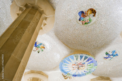 Columns and mosaics of Park Güell in the city of Barcelona