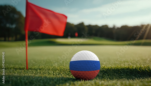 Golf ball with Russia flag on green lawn or field  most popular sport in the world