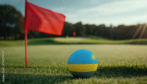 Golf ball with Rwanda flag on green lawn or field  most popular sport in the world