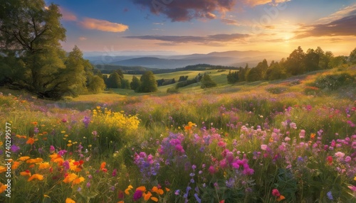 Vibrant Wildflower Meadows Stretching Under Expansive Blue Skies, light, multicolored, sun, horizon, cloud, elegance