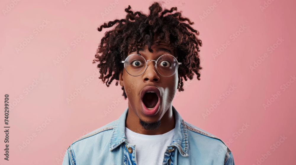 A young man with curly hair and round glasses expresses surprise with wide eyes and an open mouth against a light background.