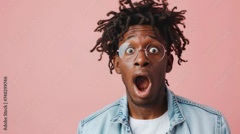 A young man with curly hair and round glasses expresses surprise with wide eyes and an open mouth against a light background.