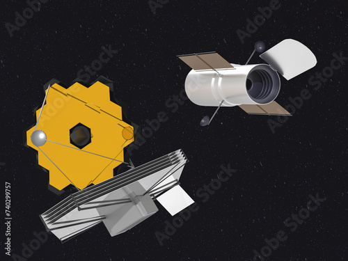 JWST and Hubble space telescopes in outer space. Elements of this 3D rendered illustration were furnished by NASA.