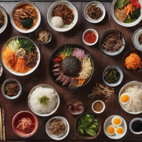 Korean, cuisine, kimchi, BBQ, fermented, vegetables, beef, rice, colorful, traditional, feast, spicy, marinade, wooden, metal