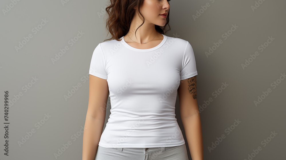 A body of woman in a white T-shirt, leaning against a grey wall A body of woman in a white T-shirt, leaning against a grey wall