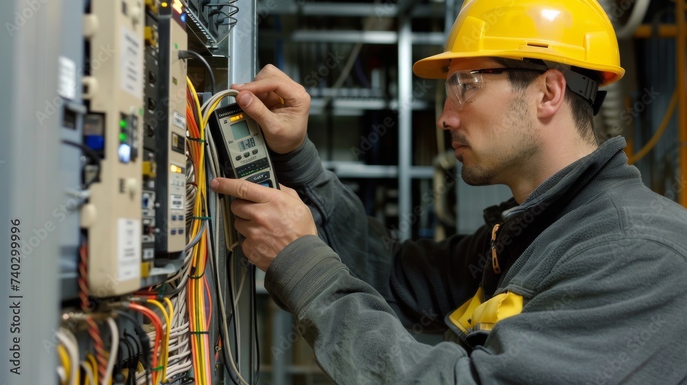 An industrious man in a bright yellow hard hat, adorned in blue collar workwear, confidently utilizes a digital device as he tackles engineering tasks with precision and skill indoors An industrious man in a bright yellow hard hat, adorned in blue collar workwear, confidently utilizes a digital device as he tackles engineering tasks with precision and skill indoors