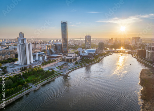 Yekaterinburg city with Buildings of Regional Government and Parliament  Dramatic Theatre  Iset Tower  Yeltsin Center  panoramic view at summer sunset.