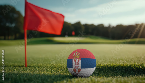 Golf ball with Serbia flag on green lawn or field  most popular sport in the world