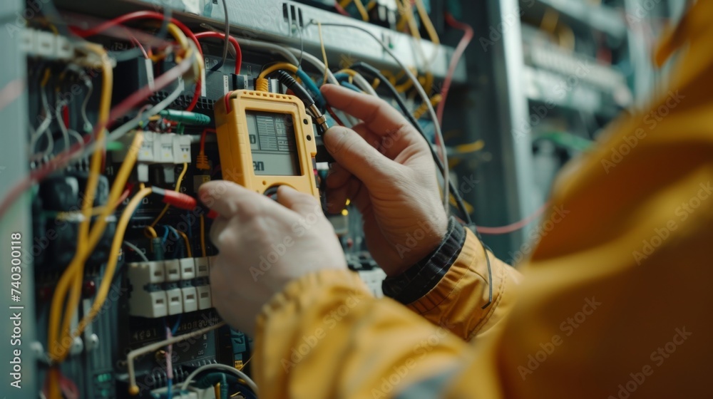 An expert electronic technician skillfully measures the complex circuitry of a machine using a multimeter, showcasing their precise knowledge of electronics and engineering