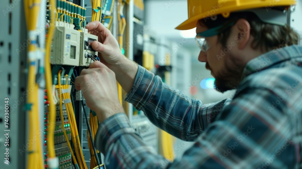 A focused engineer, adorned in blue-collar workwear, diligently operates a machine while donning a hard hat and glasses in an indoor setting A focused engineer, adorned in blue-collar workwear, diligently operates a machine while donning a hard hat and glasses in an indoor setting