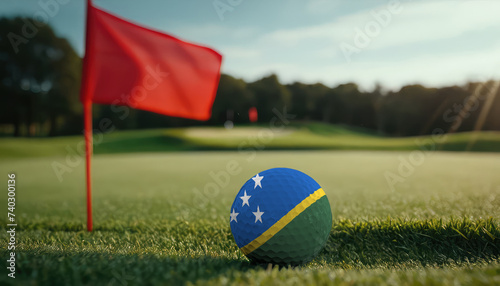 Golf ball with Solomon Islands flag on green lawn or field  most popular sport in the world