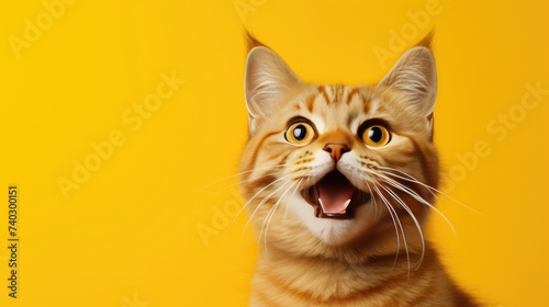 A close-up of a cat's head with a surprised muzzle and wide-open eyes on a yellow background. Funny cat.