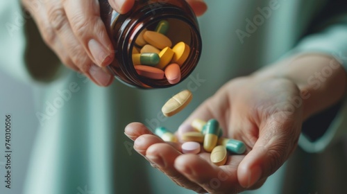 A person's hand delicately pours a rainbow of pharmaceutical pills out of a bottle, their finger carefully holding an analgesic capsule, embodying the struggles of managing prescription drugs indoors