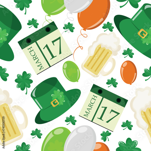 seamless, thematic pattern for St. Patrick's Day, which consists of thematic elements, namely a glass of beer, balloons, clovers and thematic calendars on a white background