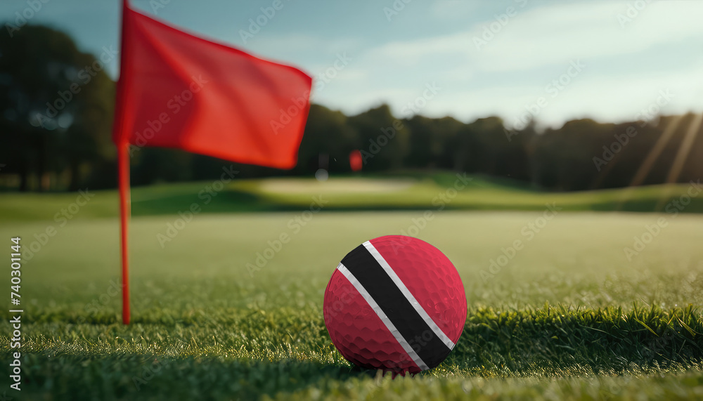 Golf ball with Trinidad and Tobago flag on green lawn or field, most popular sport in the world Golf ball with Trinidad and Tobago flag on green lawn or field, most popular sport in the world