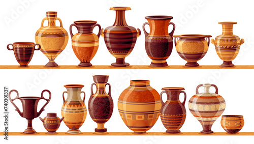 Pottery studio with ceramic vases and jars, clay pots and vintage amphoras on shelf. Handcrafted earthenware different shapes. Pottery workshop collection with clay vases, vector cartoon illustration