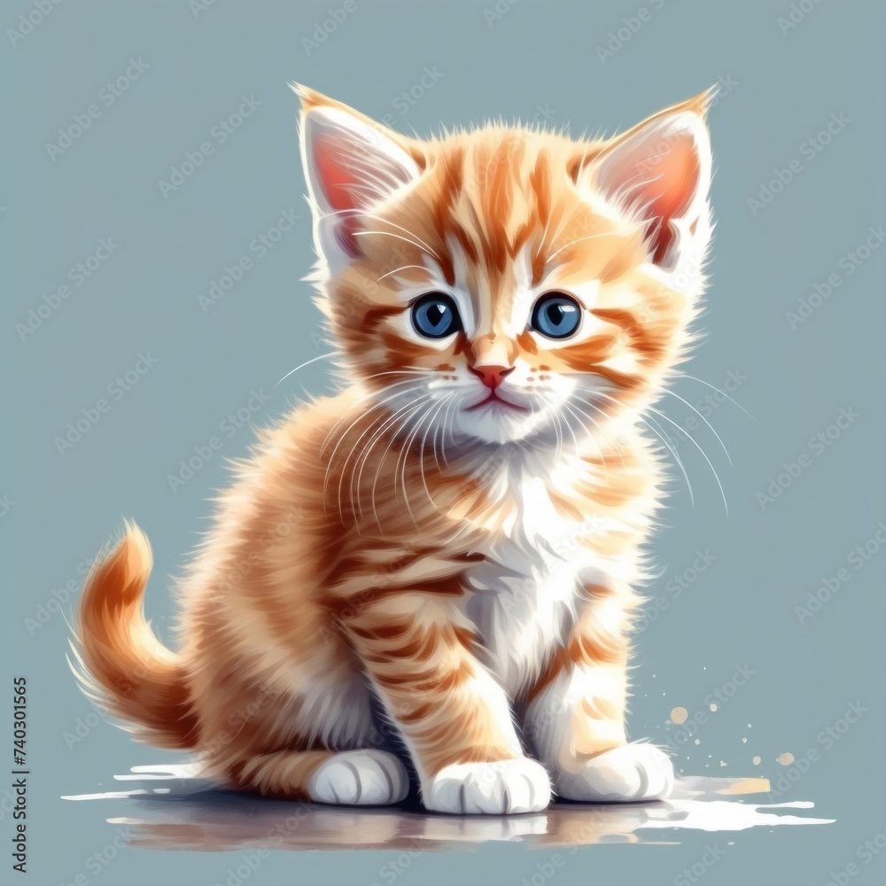 Cute ginger kitten, pastel colors, isolated flat cartoon illustration on a blue background. Illustration for children Cute ginger kitten, pastel colors, isolated flat cartoon illustration on a blue background. Illustration for children