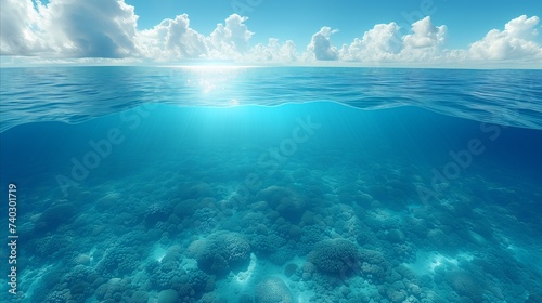 Serene underwater scene with sunlight peering through the ocean surface © OKAN