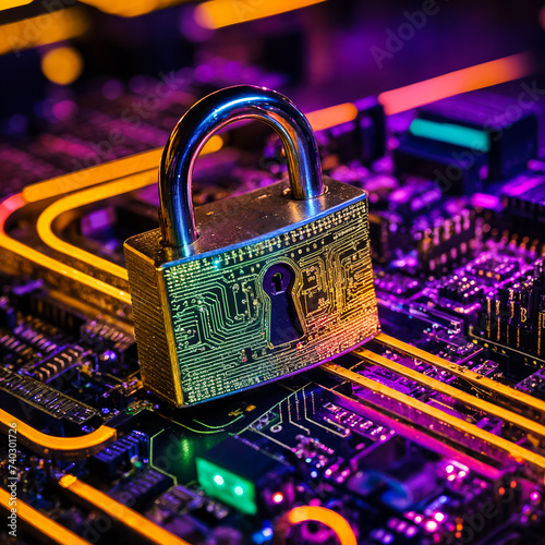 Lock on a computer board. Information security concept. Access to files. Generative AI