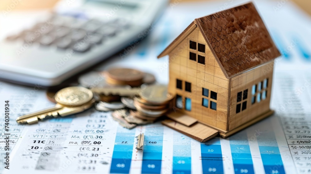 A charming miniature wooden house nestled indoors, surrounded by glittering coins on a table, evokes a sense of whimsy and possibility