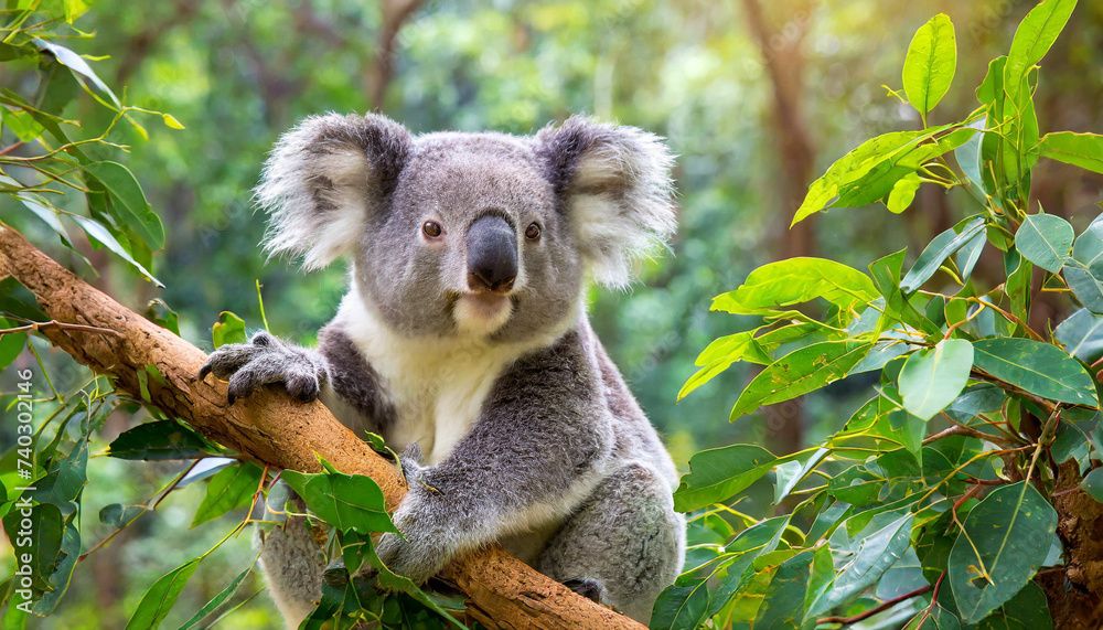Obraz premium Koala bear sitting on a branch and eating leaves.