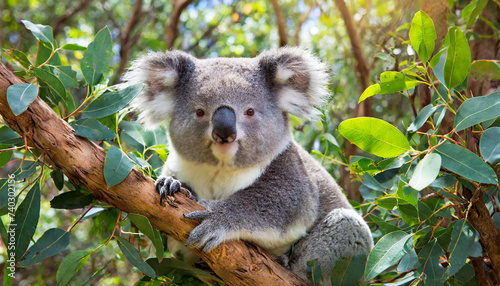 Koala bear sitting on a branch and eating leaves.	
