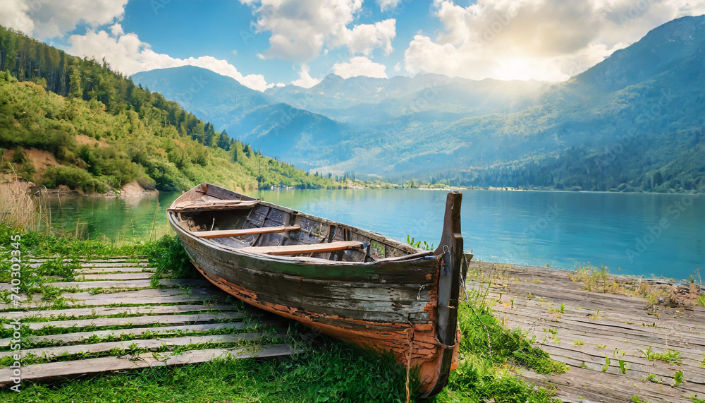 Old wooden boat with a beautiful view of the mountains.	