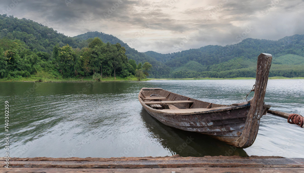 Old wooden boat with a beautiful view of the mountains.	