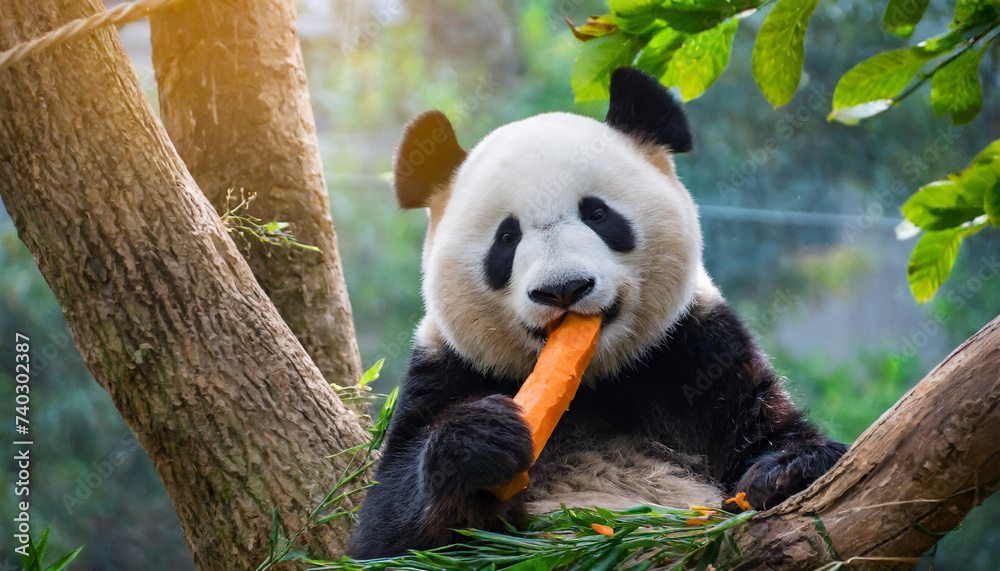 Fototapeta premium Cute panda on the branch eating carrot.