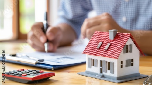 A focused individual pens their dream home onto paper, surrounded by a miniature model house, bringing their vision to life in the comfort of their own indoor space