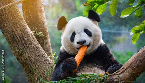 Cute panda on the branch eating carrot.