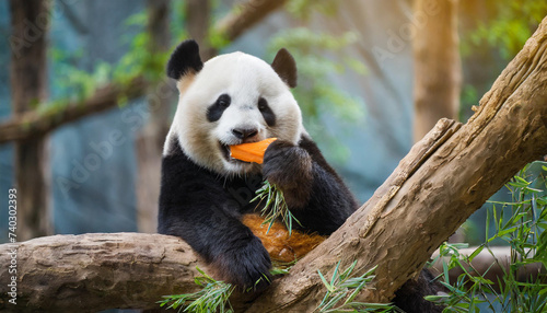 Cute panda on the branch eating carrot.  © Karo