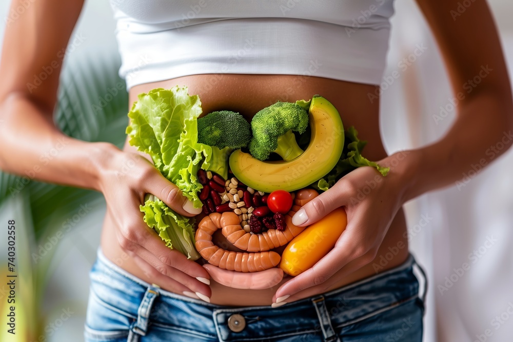 a person holding heathy foods over their stomach representing a healthy gut flora and probiotics
