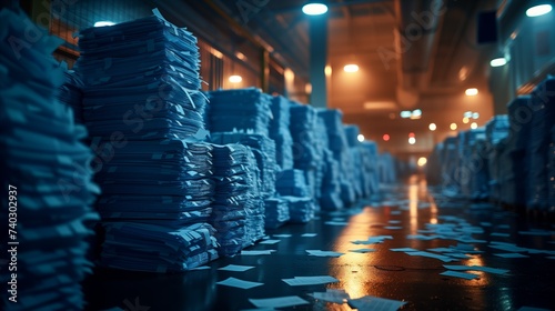 Stacks of paper in moody warehouse illuminated by warm light