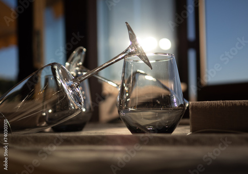 wine glass on the table in sunshine