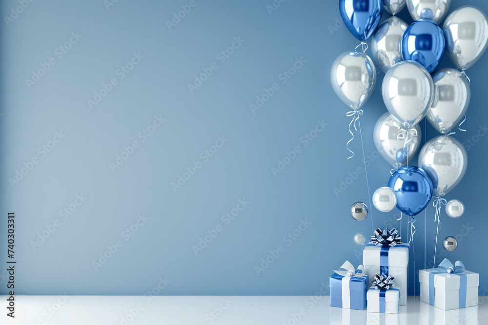 Naklejka premium ballons baudruche bleu et argent métallisé en bouquet, avec des paquets cadeaux. fond bleu gris, pour célébrations, anniversaires, fête, nouvel an, baby shower, Espace négatif texte copyspace