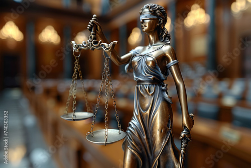 Statue of Lady Justice standing prominently in a grand courtroom symbolizing law and order.