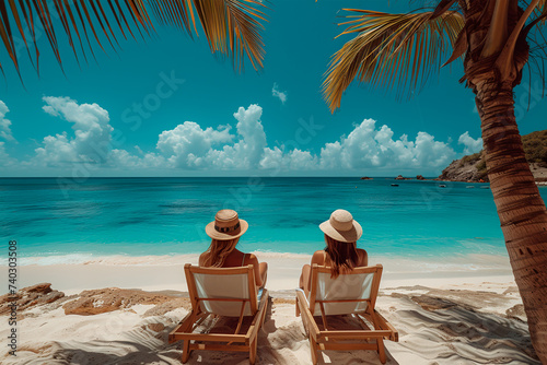 Two women relaxing on beach chairs, enjoying a serene tropical beach view