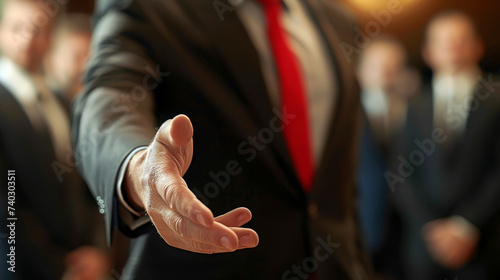 A close-up of a businessman's outstretched hand in a greeting or offer gesture, with blurred figures in business attire in the background, symbolizing a professional meeting or agreement.