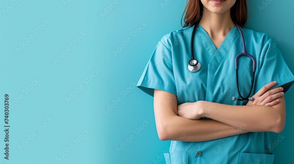 Buste d'une jeune infirmière en tenue bleue sur fond turquoise » IA générative - obrazy, fototapety, plakaty 