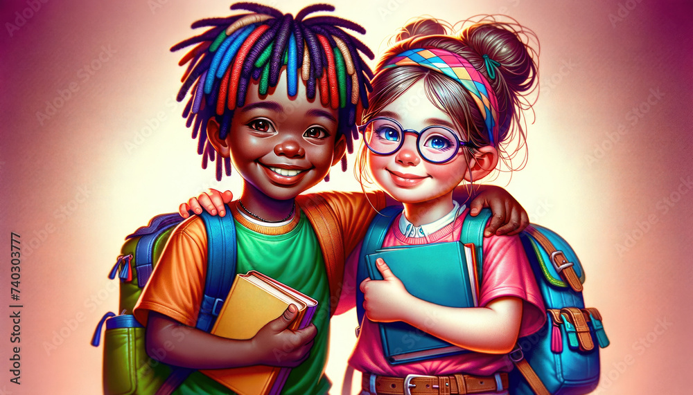 Two happy children, African boy with vibrant dreadlocks and European girl with glasses, ready for school with backpacks and holding books, symbolizing friendship and joy in learning. Back to school Two happy children, African boy with vibrant dreadlocks and European girl with glasses, ready for school with backpacks and holding books, symbolizing friendship and joy in learning. Back to school