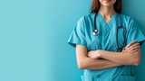 Buste d'une jeune infirmière en tenue bleue sur fond turquoise » IA générative
